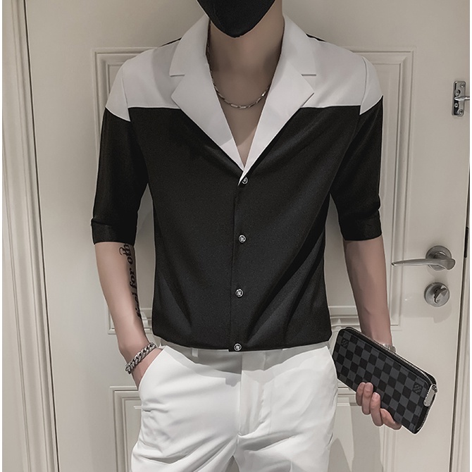 Áo sơ mi nam đen phối trắng Classic Cổ Vest, sơmi phong cách Hàn Quốc lịch lãm SH031 | BigBuy360 - bigbuy360.vn