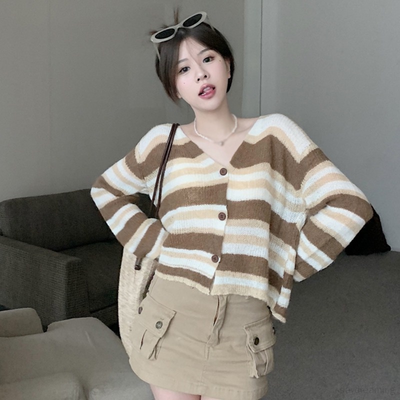 Áo Khoác Cardigan Dệt Kim Tay Dài Họa Tiết Kẻ Sọc Thời Trang Cho Nữ