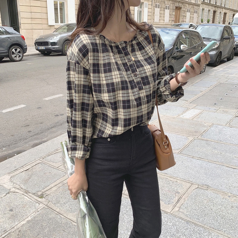 Áo kiểu tay dài họa tiết sọc caro phong cách retro thời trang Hàn Quốc