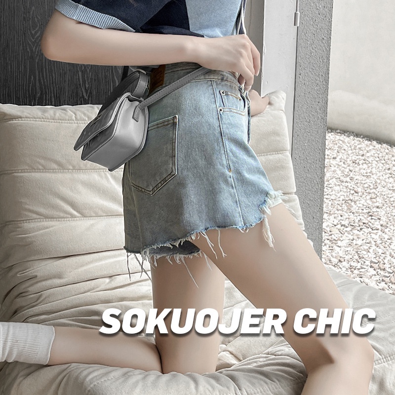 Quần Short Denim Lưng Cao Ống Rộng Thoáng Khí Cho Nữ
