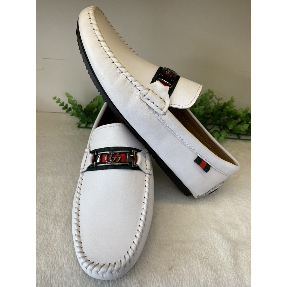 Giày Mọi Trắng Nam Da Bò Thật-Giày Lười Da Cao Cấp Màu Trắng  -MT20 Giày SAGO’S tặng 1 vớ BH 12 tháng