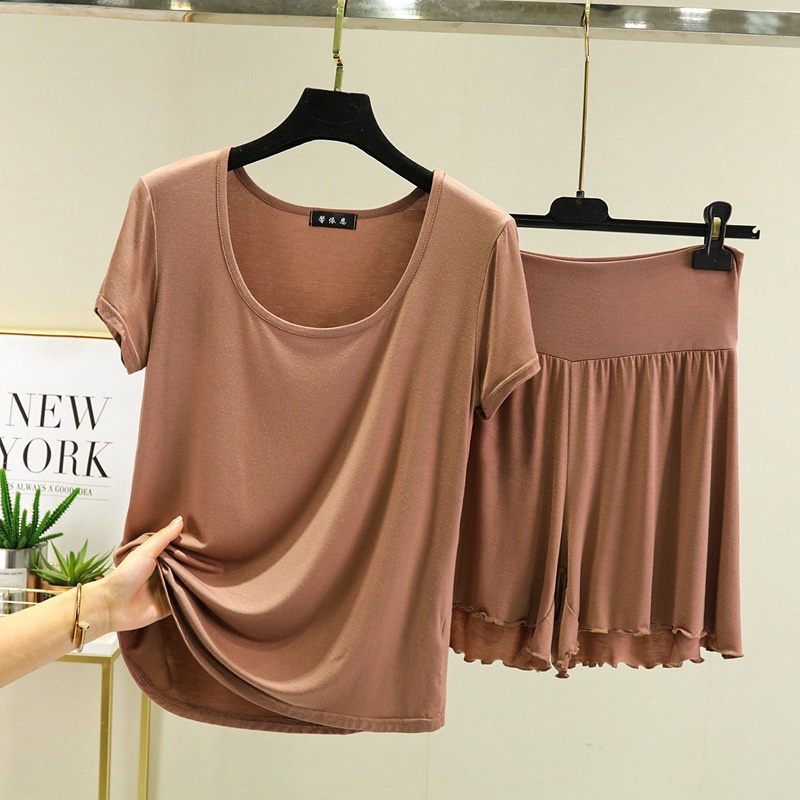 Bộ Đồ Ngủ Áo Thun Tay Ngắn Cổ Tròn Phối Quần Short Vải Cotton Thời Trang Xinh Xắn Cho Nữ