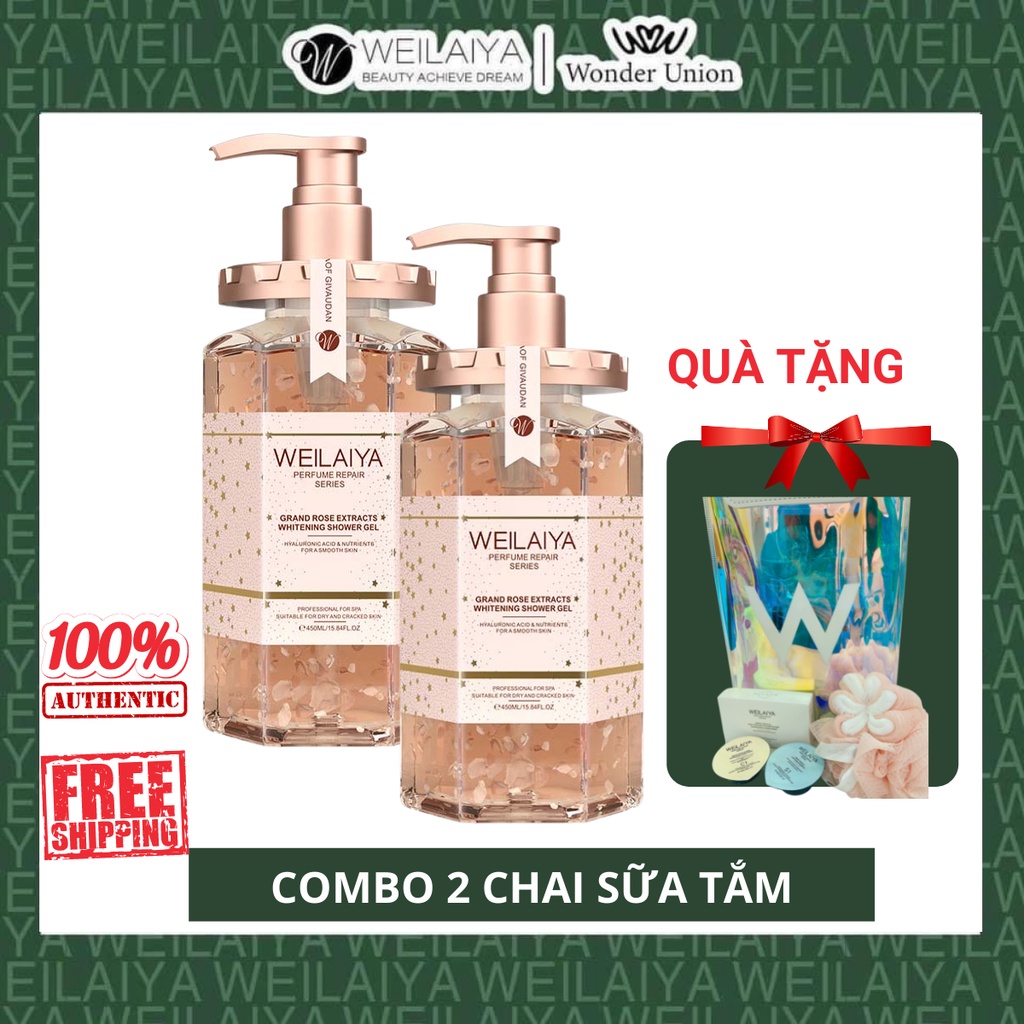 Combo 2 chai sữa tắm trắng da cánh hoa hồng Damask Weilaiya, sữa tắm tủy mật hoa hồng.Tặng bông tắm và 2 set mini ph