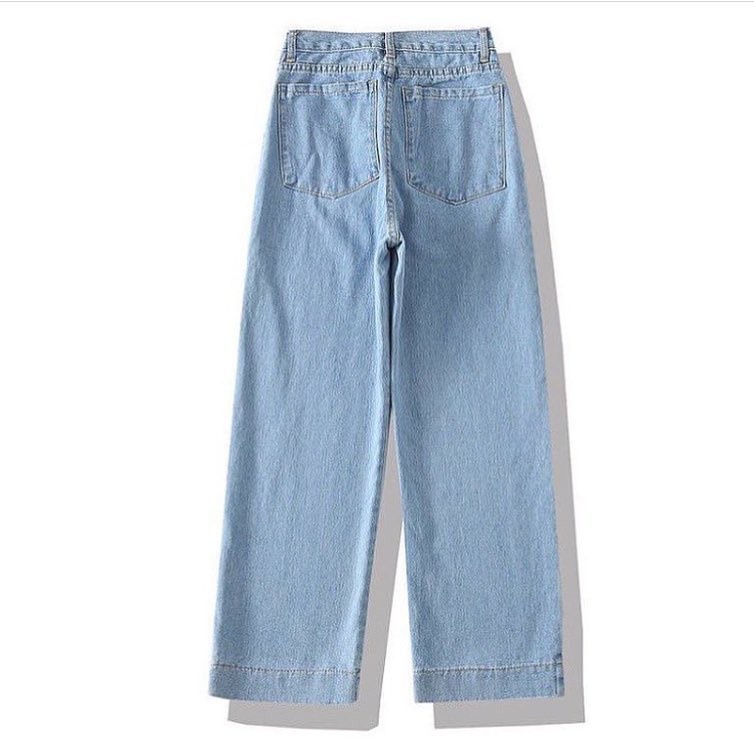 Quần Jeans Dài Suông Rộng Nữ Quần Bò Lưng Cao Chất Liệu Denim Dày Dặn Có 2 Túi Vuông Màu Xanh Trẻ Trung 2101
