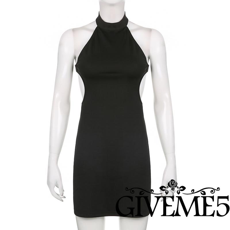 Đầm Ôm Sát Màu Đen Cổ Yếm Hở Lưng Cao Thời Trang Quyến Rũ Cho Nữ