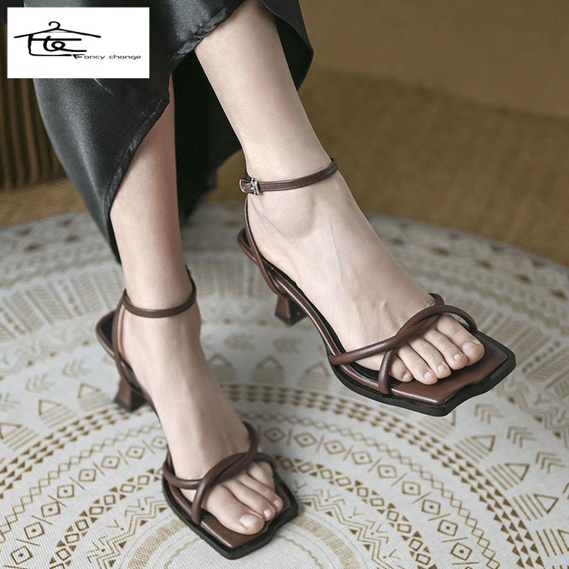 Giày Sandal Cao Gót Hở Ngón Dây Đan Chéo Có Khóa Cài 2021 Thời Trang Dành Cho Nữ