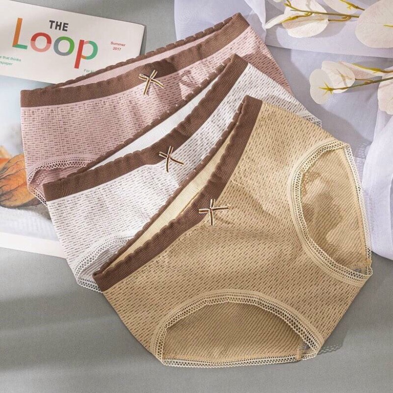 Quần Lót Nữ Cotton Thông Hơi Dệt Kim Cao Cấp Co Giãn 4 Chiều 3313 -Quần Lót Cotton Ren nơ cài trước xuất, chất liệu