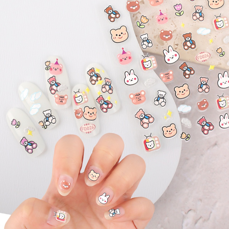 1 Tấm Hình Dán Móng Tay In Hình Gấu Hoạt Hình 5D Dễ Thương Chống Nước Tự Dính DIY