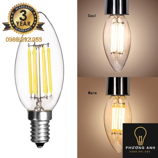 Bóng Led EDISON C35 quả nhót công suất 2W, 4W ánh sáng vàng- Đèn Phương Anh