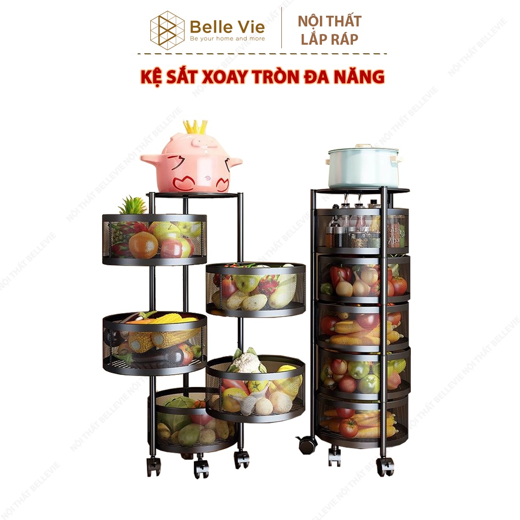 Kệ Tròn Xoay Đa Năng BELLEVIE Kệ Đựng Đồ Nhà Bếp Sắt Sơn Tĩnh Điện Có Bánh Xe Hàng Nhập Khẩu