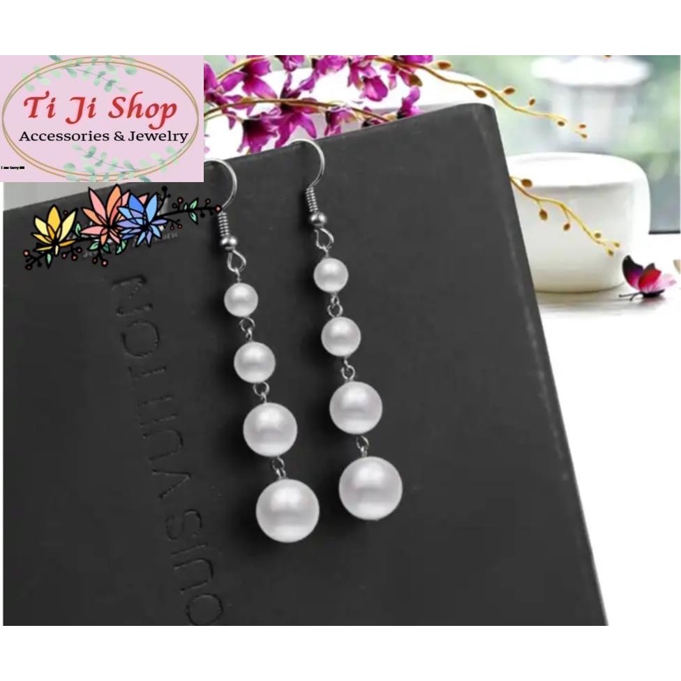 Bông tai nữ inox tòn ten chuỗi ngọc trai nhân tạo sang trọng