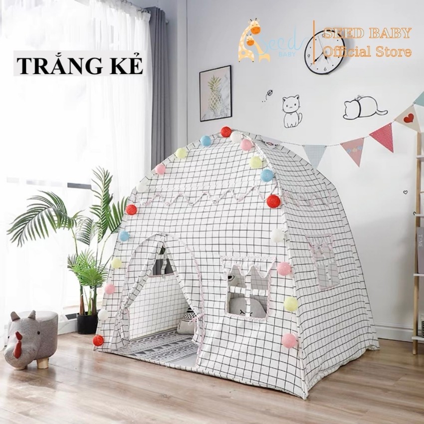 Lều ngôi nhà cho bé vải lanh cotton thoáng mát, an toàn cho trẻ tặng kèm dây đèn 20 bóng (không kèm thảm) - Seed Baby