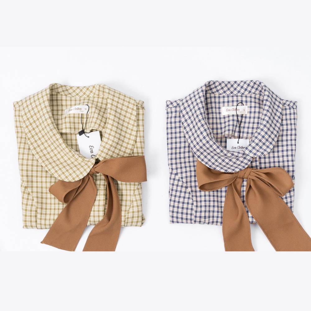 Áo sơ mi công sở nữ cổ bẻ cài nơ họa tiết kẻ chéo ngắn tay, áo sơ mi nữ | BigBuy360 - bigbuy360.vn