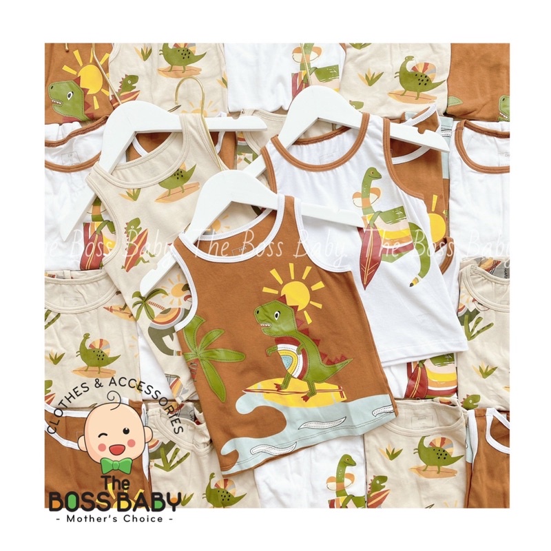 Set 3 áo sát nách hè bé trai vải cotton xuất dư hoạ tiết khủng long The Boss Baby