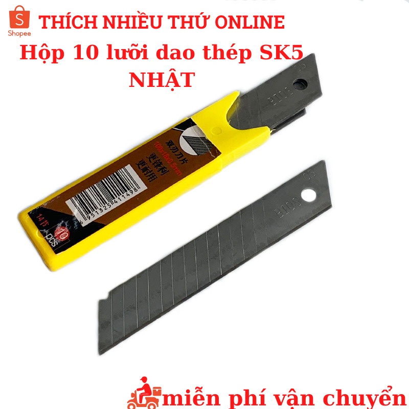 Hộp 10 lưỡi dao rọc giấy BOSI 18mm, lưỡi thép nhật xịn
