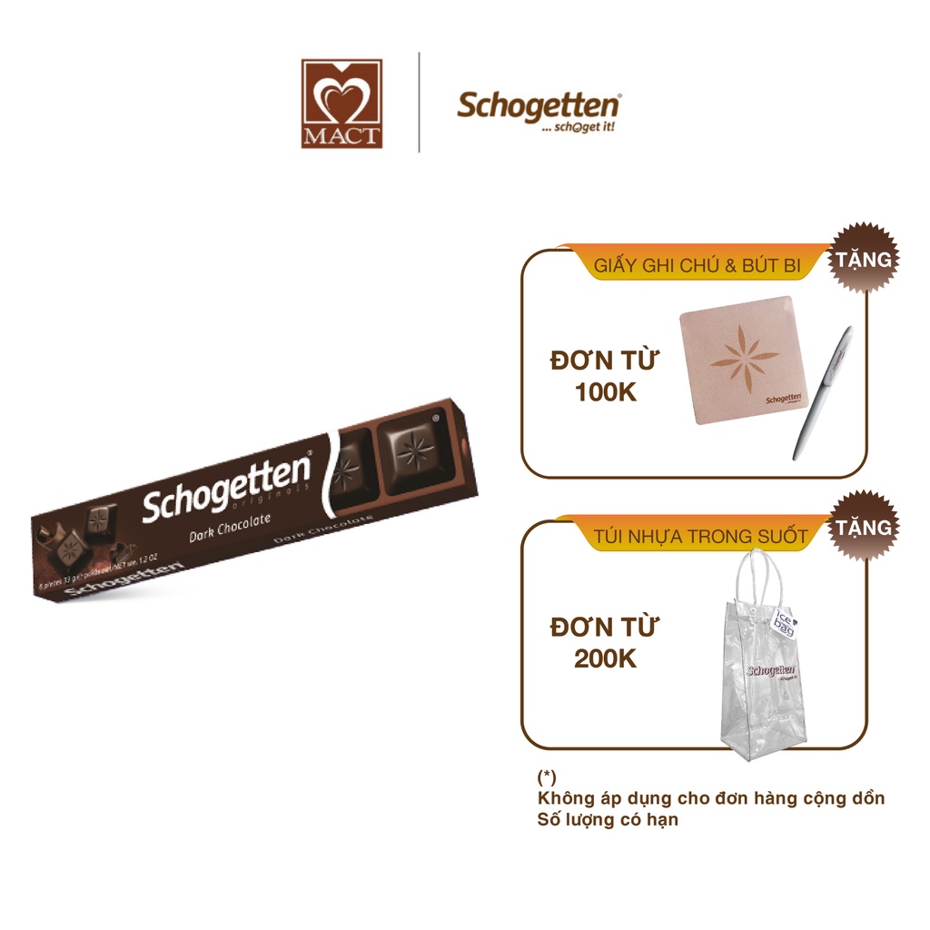 Sôcôla SCHOGETTEN - Vị Đắng Dark Chocolate - thanh 33g gồm 6 viên rời