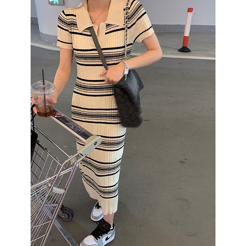 Đầm Dệt Kim Cổ Polo Tay Ngắn Họa Tiết Kẻ Sọc Phong Cách Hàn Quốc Thời Trang Mùa Hè Dành Cho Nữ 2022