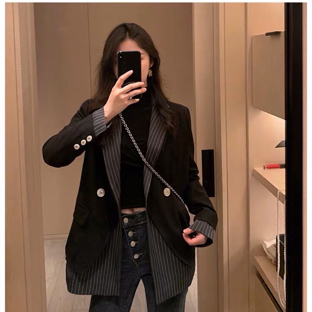 Áo khoác blazer nữ cá tính thiết kế Quảng Châu - Áo blazer đen kẻ thời trang