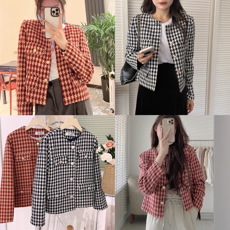 Áo Khoác Dạ Tweed Kẻ Ziczac Hàn Quốc  Áo Khoác Dạ Kẻ Caro Đen Đỏ Loại 1