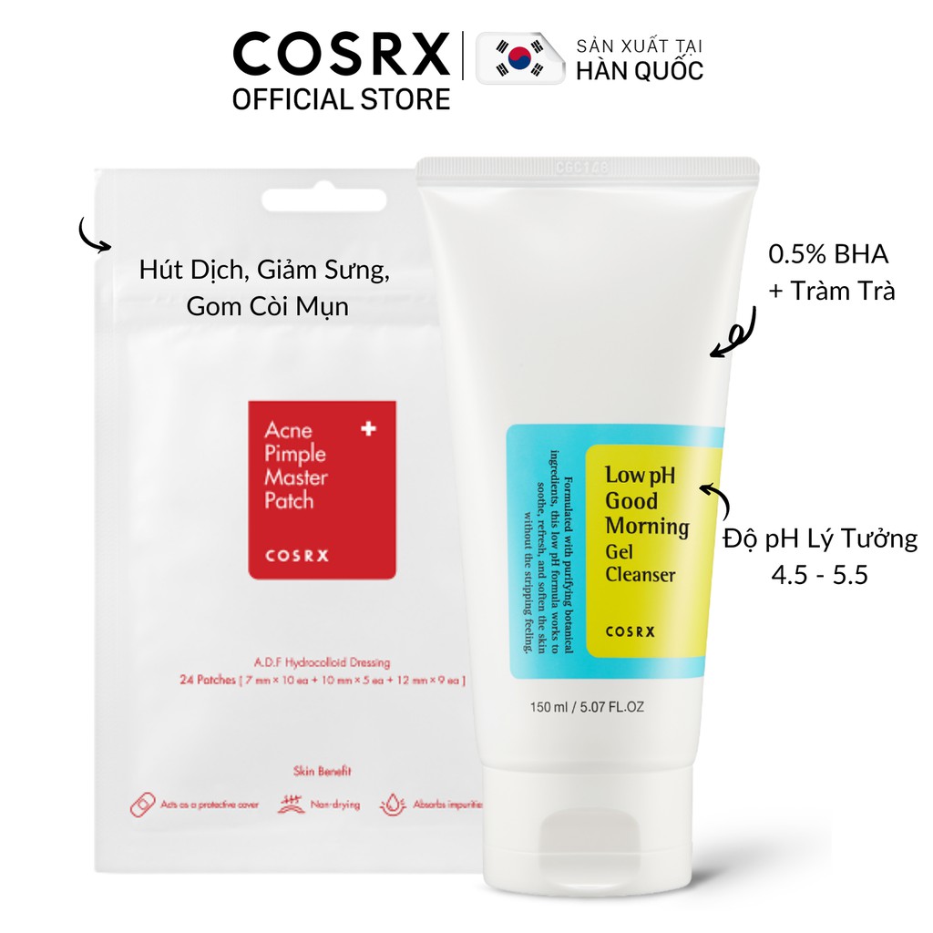 Combo Gel Rửa Mặt + Dán Mụn COSRX: Low pH Good Morning (Tràm Trà, 0.5% BHA) 150ml + Acne Pimple Master Patch 24 miếng