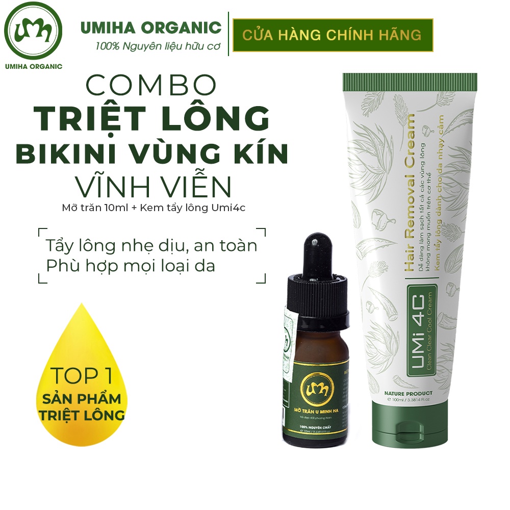 Tẩy triệt lông Vùng Kín Bikini vĩnh viễn UMIHA - Combo Mỡ trăn triệt lông U Minh Hạ (10ml) Kem tẩy lông Umi 4C (100ml)