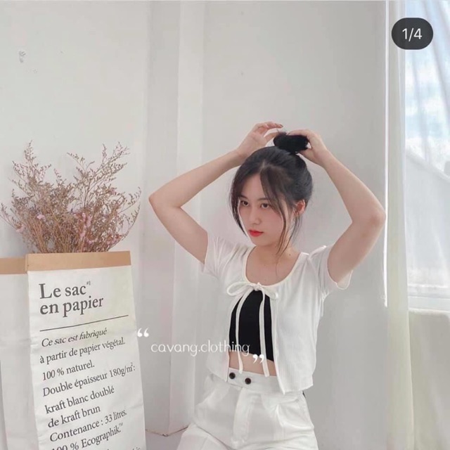 Áo khoác cardigan tay ngắn buộc nơ chất thun gân