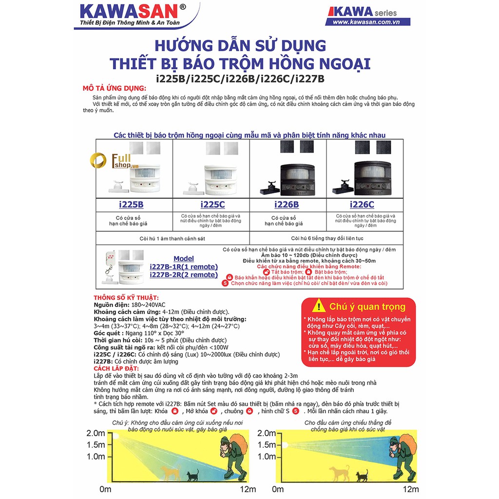 Chuông báo trộm độc lập tại chỗ, báo khách cảm ứng hồng ngoại (có điều chỉnh tắt mở ngày đêm) Kawasan I226C