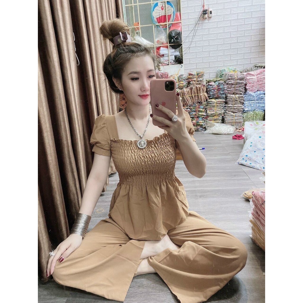 [ Mã FAMAYWA2 giảm 10K đơn 50K] sét đồ bộ ống rộng áo nhúm loe cổ vuông ngắn tay | BigBuy360 - bigbuy360.vn