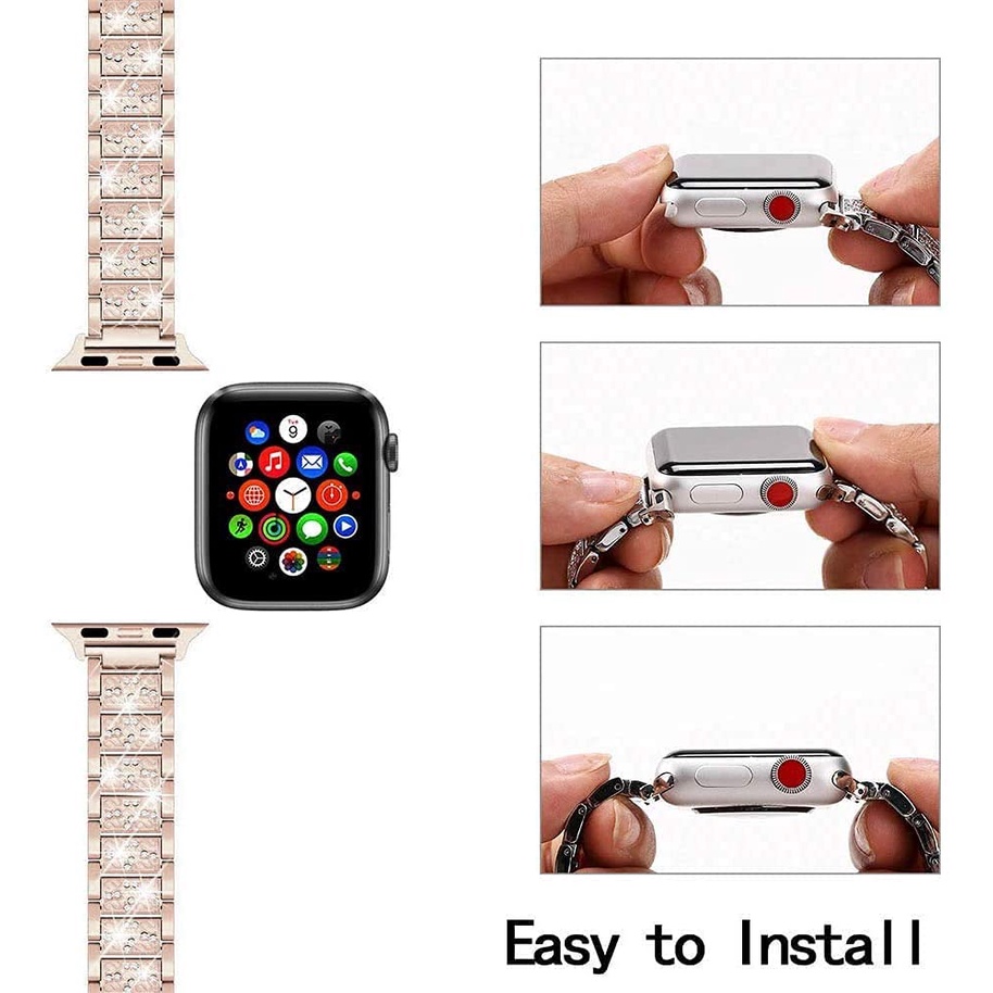 Dây Đeo Đồng Hồ Bằng Thép Không Gỉ Đính Kim Cương Giả Cho Apple Watch SE 6 5 4 Band 40Mm 44Mm Iwatch 38mm 42Mm