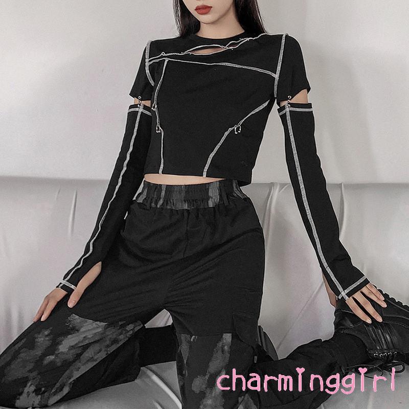 Áo croptop dài tay cổ tròn hợp thời trang cho nữ