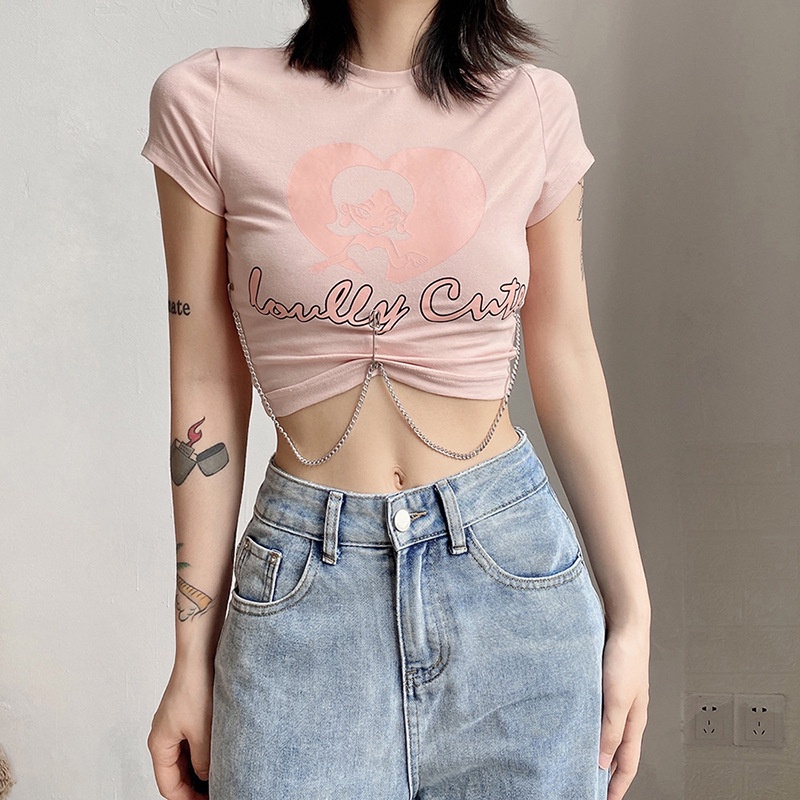 Áo Thun Tay Ngắn Cổ Tròn In Chữ Phối Dây Xích Thời Trang Cá Tính Cho Nữ