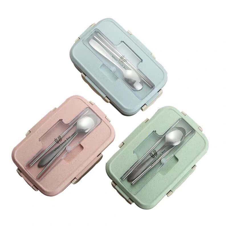 Hộp Đựng Cơm Văn Phòng Lúa Mạch Giữ Nhiệt 3 Ngăn Tặng Kèm Đũa Thìa Dùng Được Lò Vi Sóng