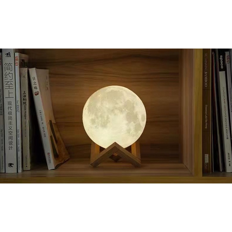 Đèn ngủ mặt trăng có pin sẵn kèm chân đế gỗ, đèn LED Moon Light để bàn trang trí phù hợp decor nhiều không gian 12cm