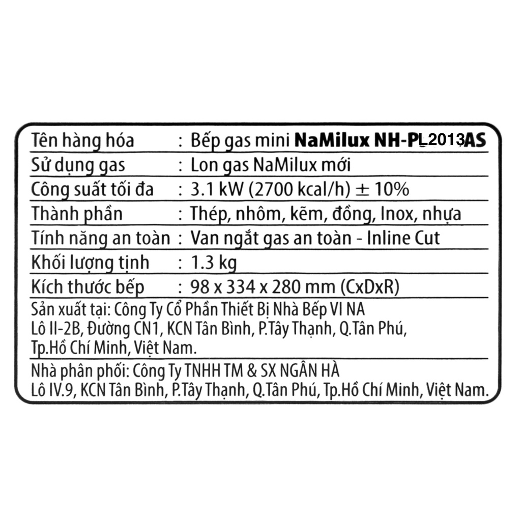 BẾP GAS DU LICH NAMILUX PL-2013AS,TOÀN THÂN INOX, DÒNG CAO CẤP, NẤU NHANH, ÍT HAO GAS