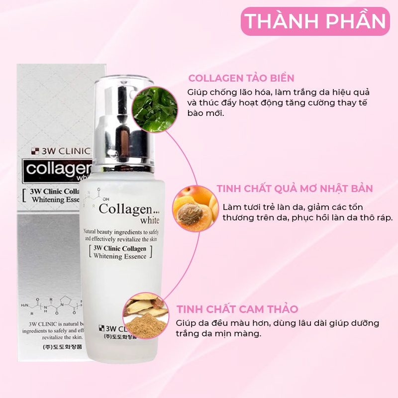Tinh Chất Serum Dưỡng Trắng Da 3W Clinic Collagen Whitening Essence Hàn Quốc 50ml Giúp Dưỡng Ẩm & Mờ Thâm Căng Bóng Da