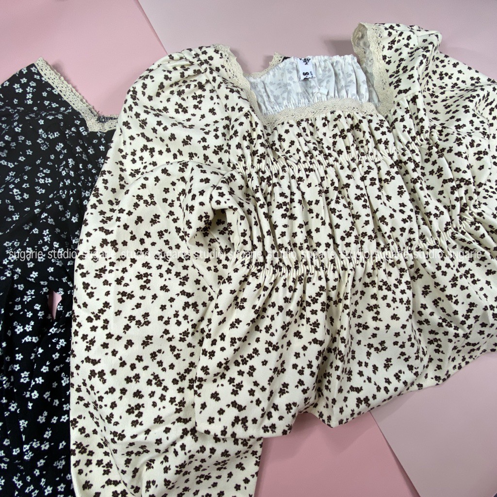 Áo tay dài cổ vuông hoạ tiết hoa nhí vintage SUGARIE