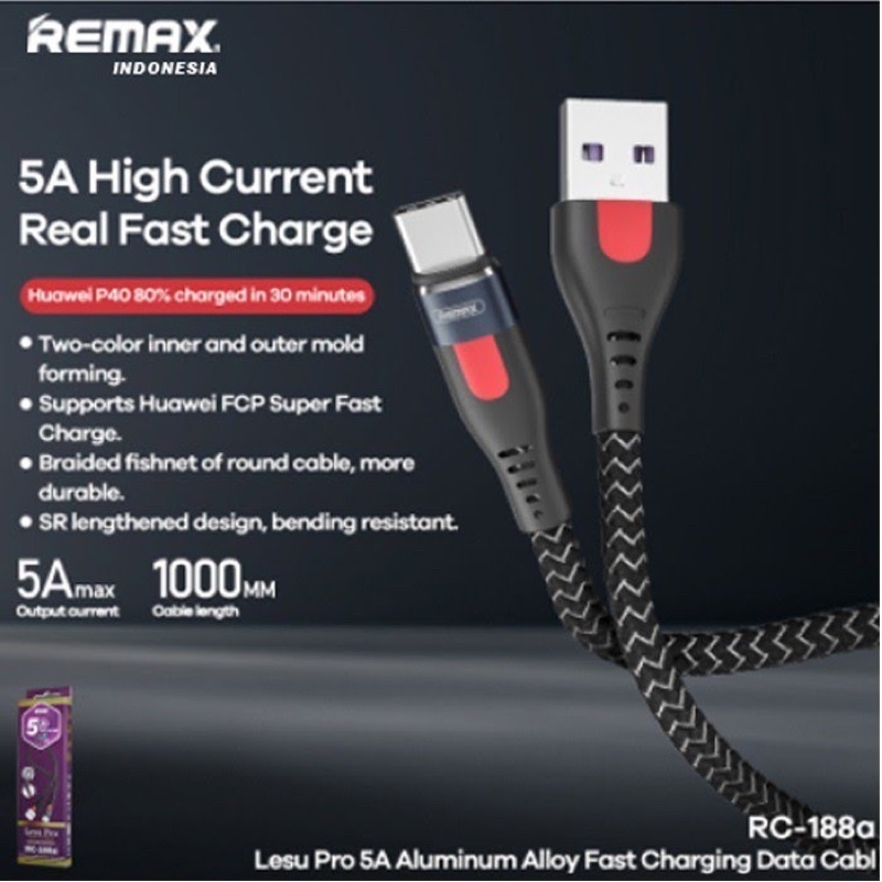 Cáp sạc nhanh REMAX RC-188a (chân Type C). Dòng sạc 5A sạc siêu nhanh