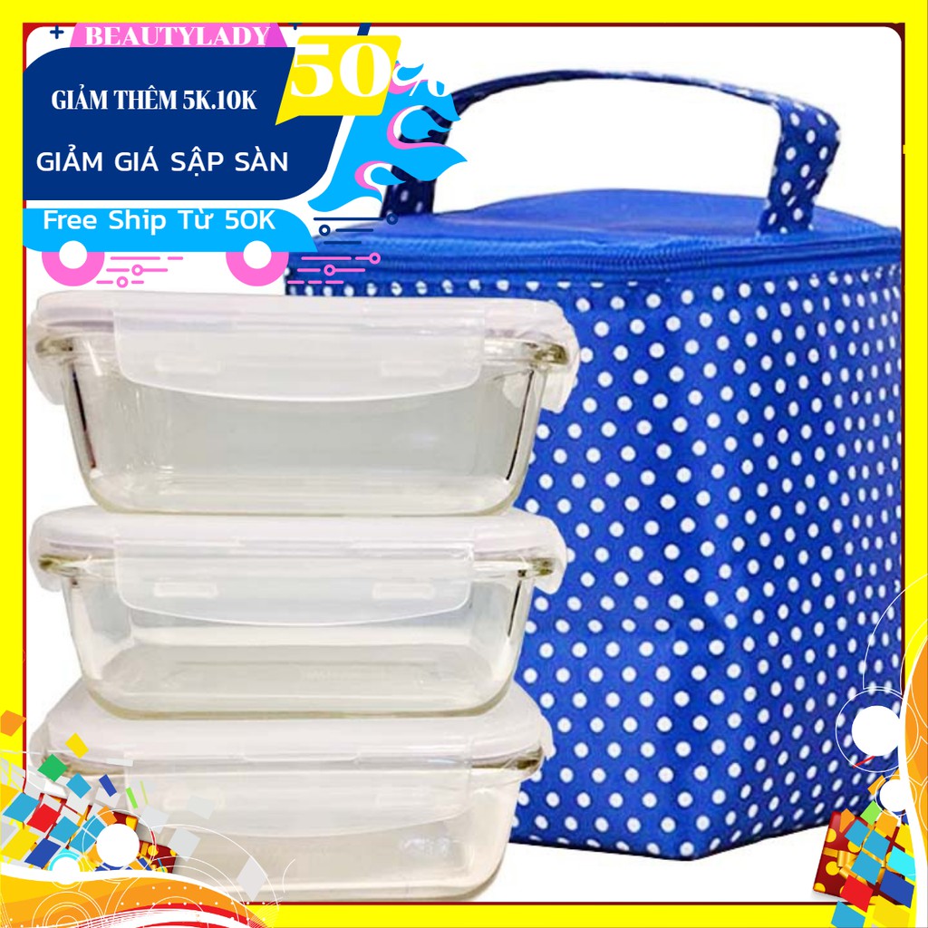 Bộ 3 hộp thủy tinh Lock&Lock 420ml chữ nhật tặng túi giữ nhiệt