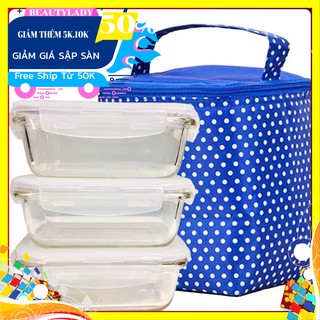 Bộ 3 hộp thủy tinh Lock&Lock 420ml chữ nhật tặng túi giữ nhiệt