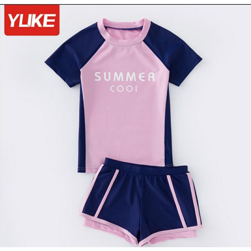 Sét đồ bơi 25-55kg quần ngắn 2 lớp + áo bơi ngắn tay Summer cool YY2098 cho bé gái size lớn hiệu YLIKE
