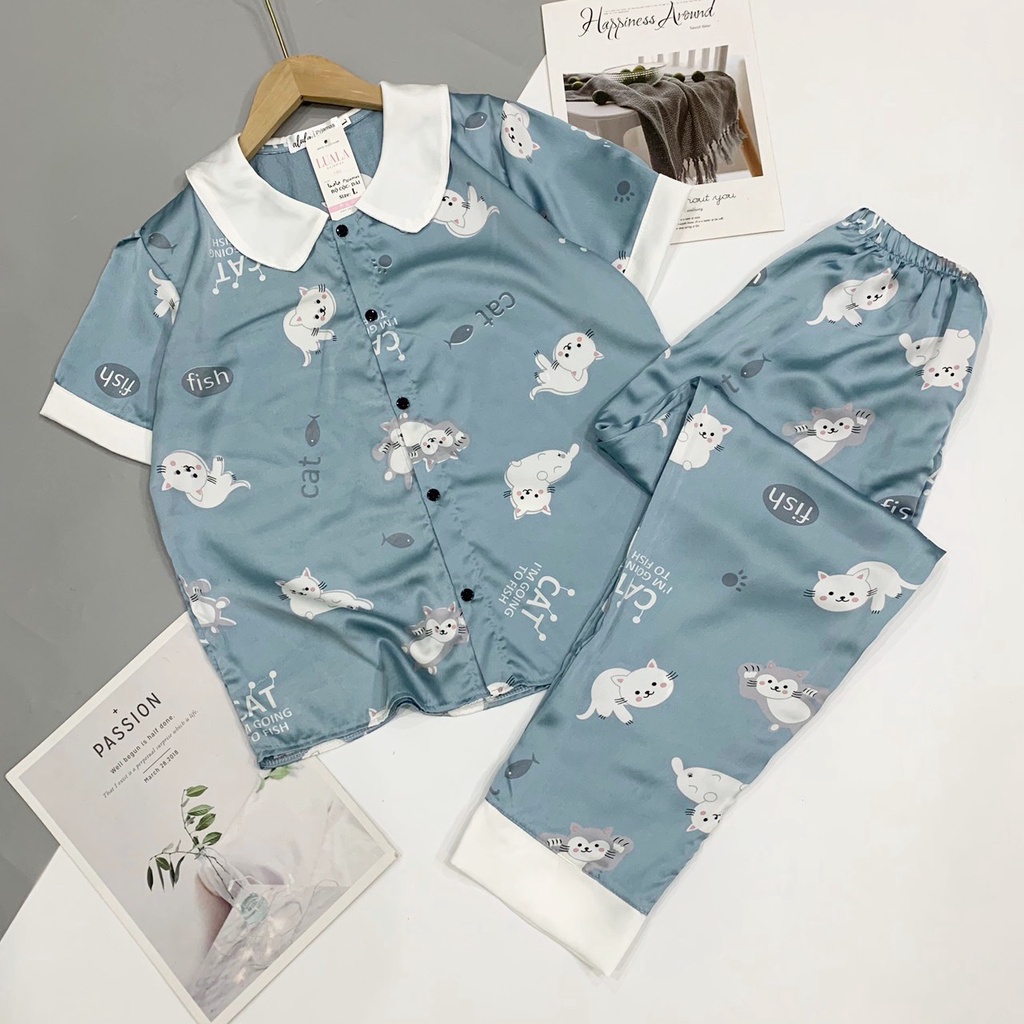 Bộ pijama lụa cộc dài lụa mango, satin mềm mịn💖độ co giãn nhẹ♥️màu sắc xinh yêu♥️hình in sắc nét💖full size💖không bai xù | BigBuy360 - bigbuy360.vn