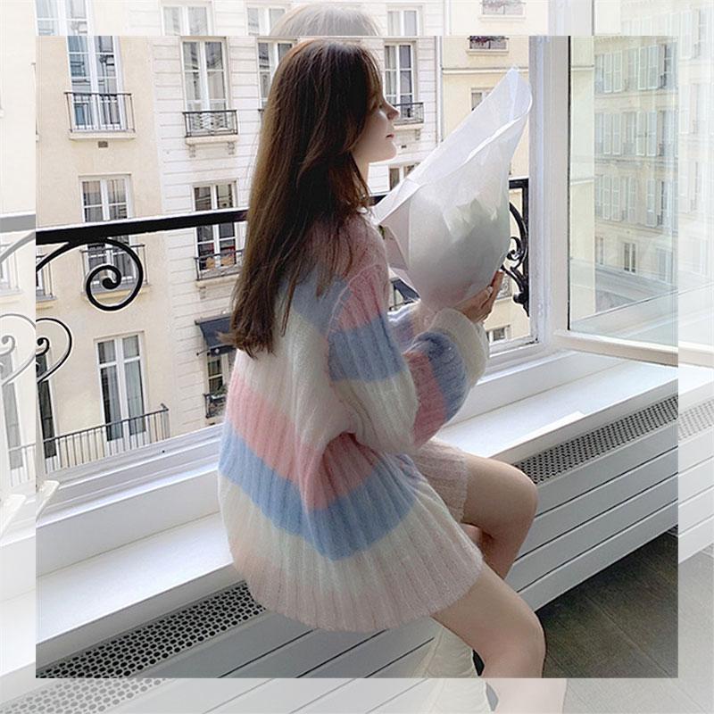 Autumn and winter Korean Rainbow Stripe loose lazy wind sweater Japanese super fairy medium long mohair sweater female