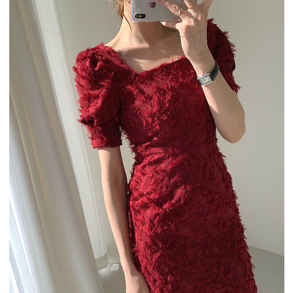 Đầm chữ A cổ chữ vuông ren tua, 2 lớp đẹp, thích hợp dự tiệc LXK77070