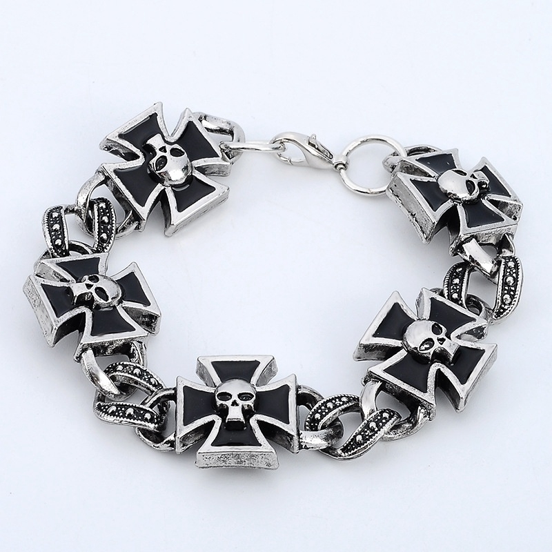 Vòng tay inox chuỗi xích mặt hình chữ thập đầu lâu bằng sắt kiểu Gothic thời trang cho nam