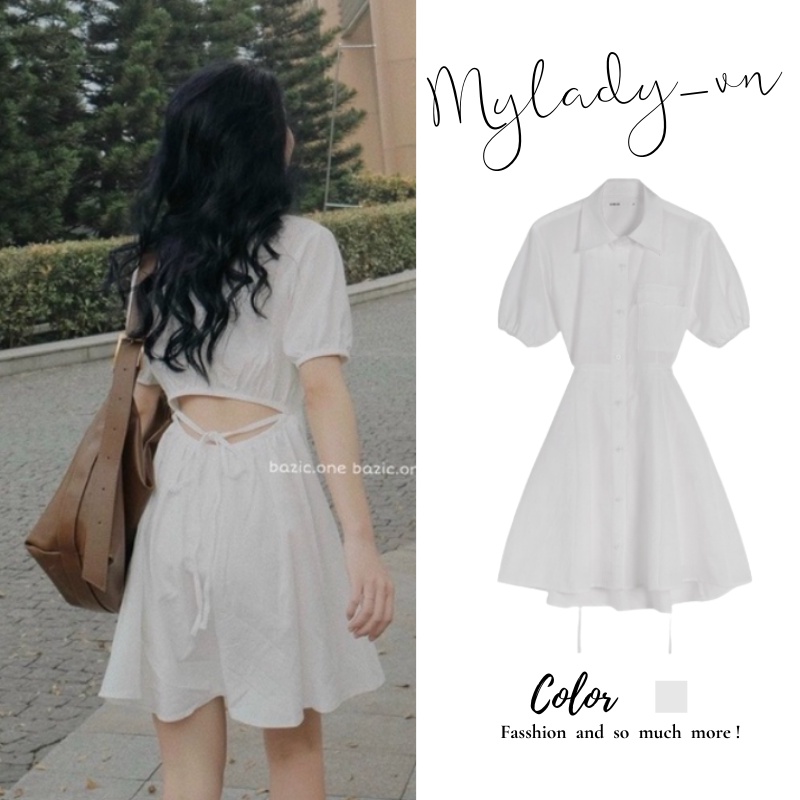 Đầm sơ mi 🌸 Váy hở lưng thắt eo dây tôn dáng thân xòe công chúa MYLADY