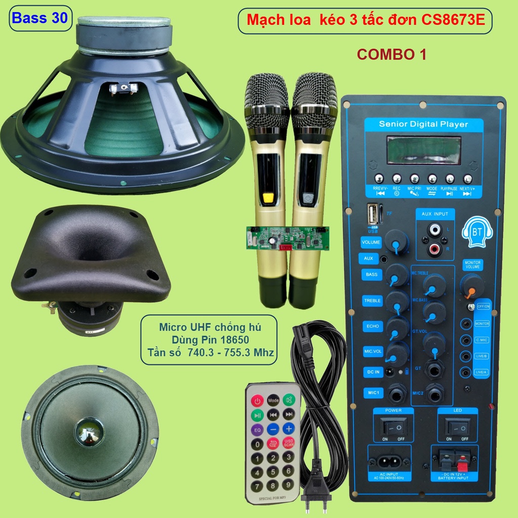 Mạch loa kéo 3 tấc đơn 3 đường tiếng CS8673E 130W LIVESTREAM - DSP lập trình chống hú, chỉnh Bass Treble Micro