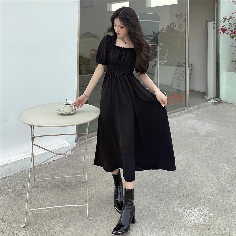 Đầm Dài Lưng Cao Cổ Vuông Màu Đen Co Giãn Tốt Thời Trang Sang Trọng Cho Nữ