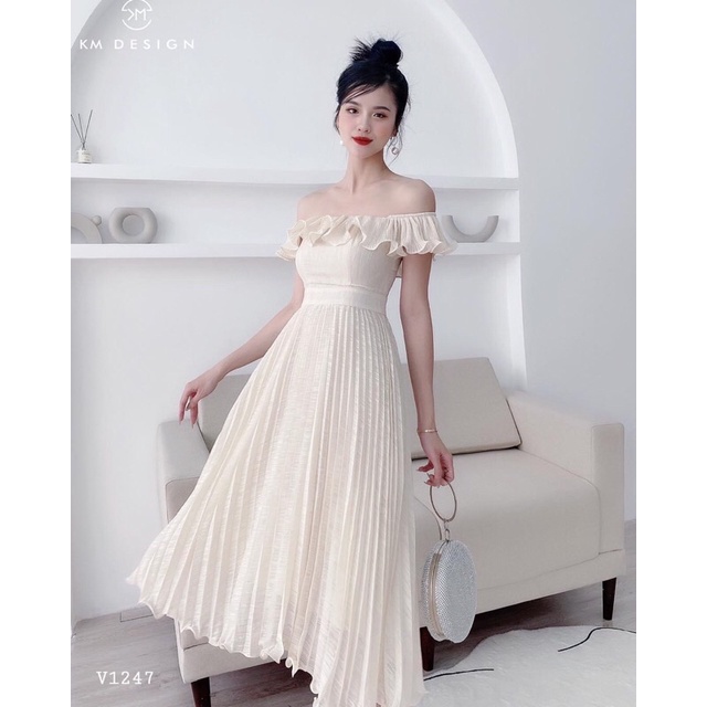 Đầm xoè bẹt vai dập ly