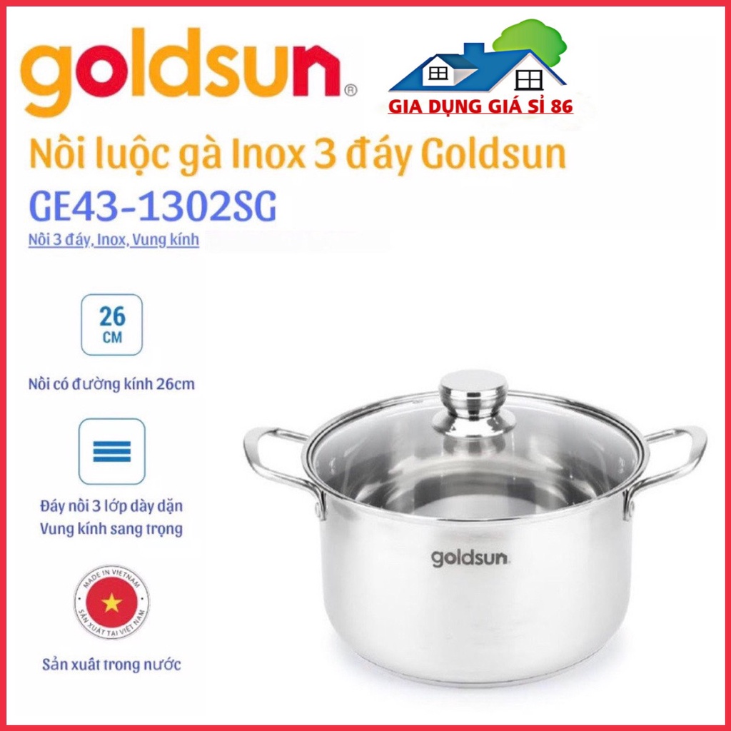 Nồi luộc gà,Đáy Từ, inox Goldsun GE43-1302SG size 26Cm- Hàng chính hãng