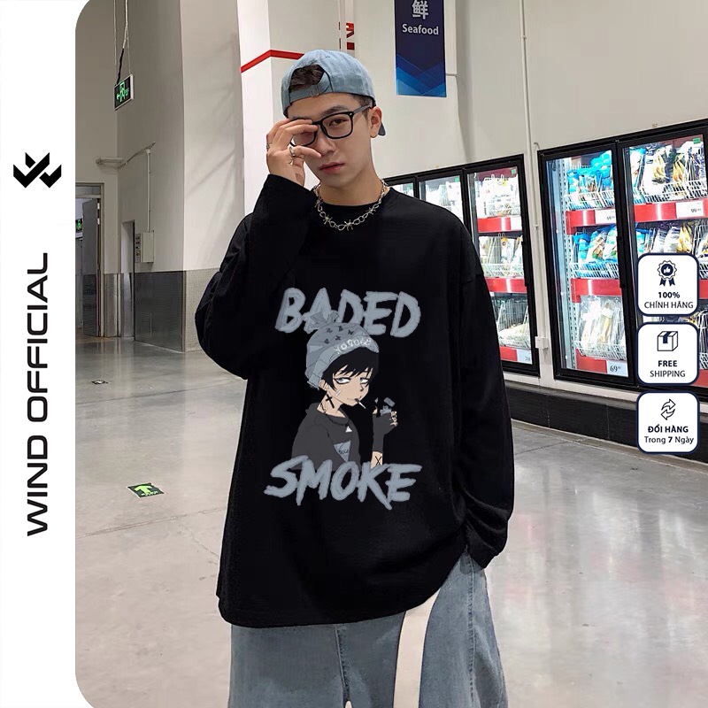 Áo thun tay dài WIIS phông unisex form rộng SMOKE nam nữ sweater oversize ulzzang